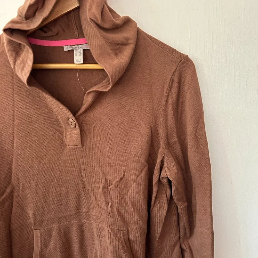 Isaac Mizrahi Live Sweater Large Brown Hooded Knit Pullover Pockets Goblincore